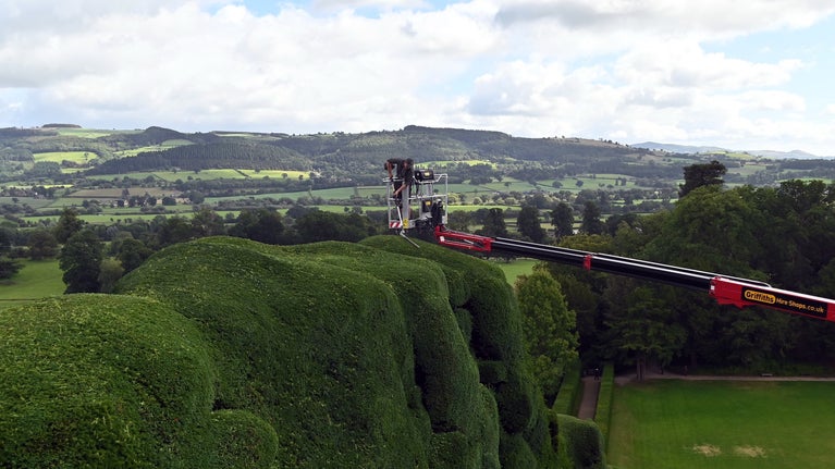 Dan Bull, Gardener at Powis Castle and Garden, trimming the yew trees with a background view of Severn Valley.